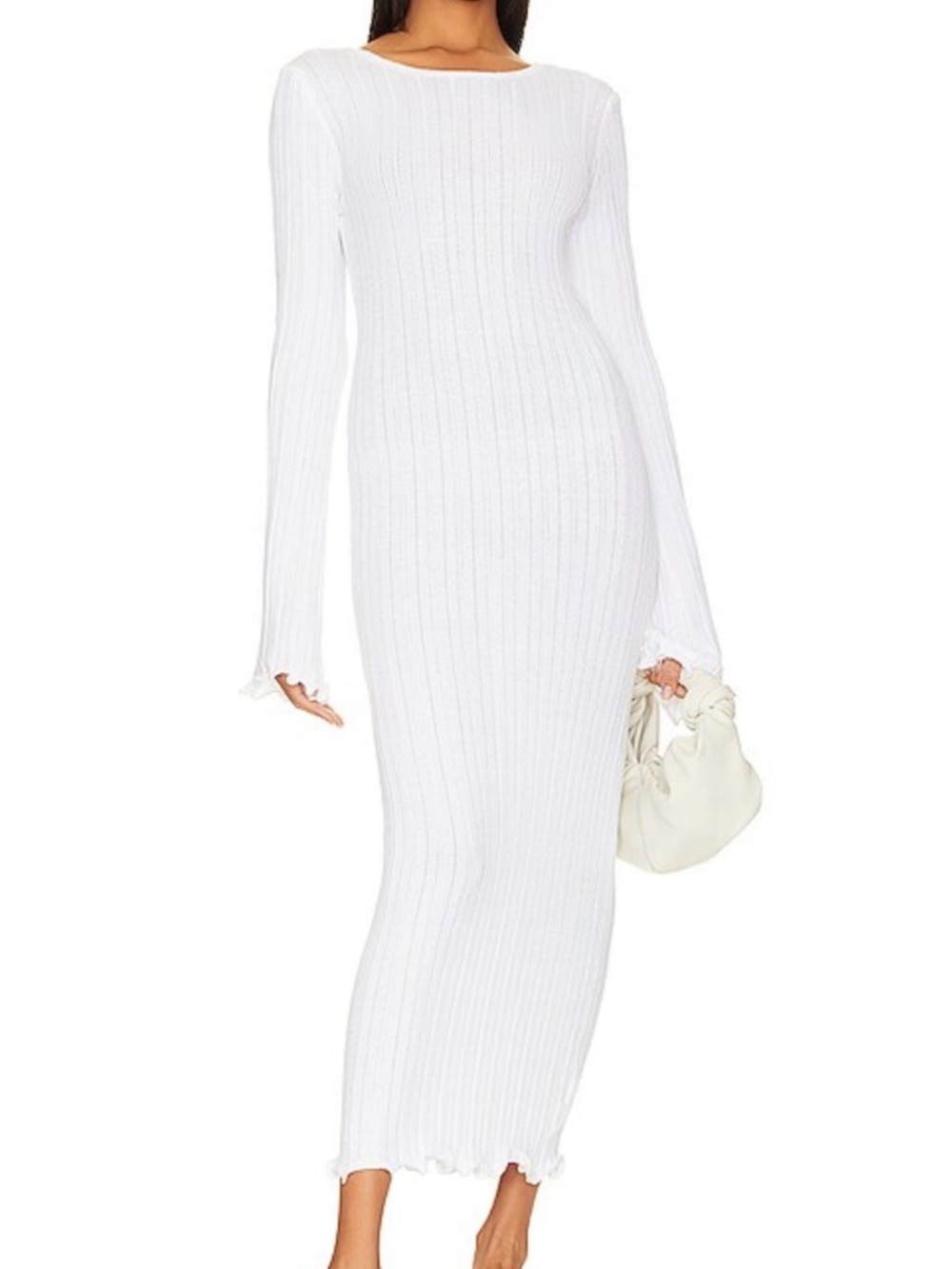 Sculpting White Ribbed Maxi Dress with Long Sleeves